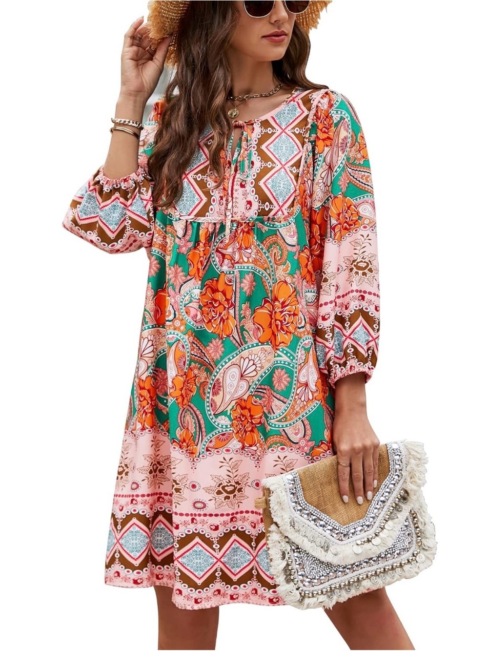Boho Paisley Tie-Neck Dress in Orange & Green
